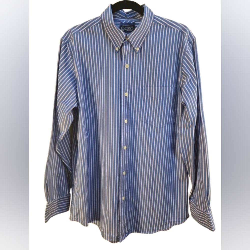 Men's Chaps Blue Long Sleeved Button-Down Shirt With Light Pink Stripe - Medium